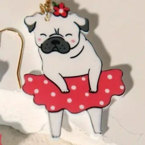 14k Pug Dog in tu tu summer whimsical novelty fun dangle earrings - Picture 3 of 6